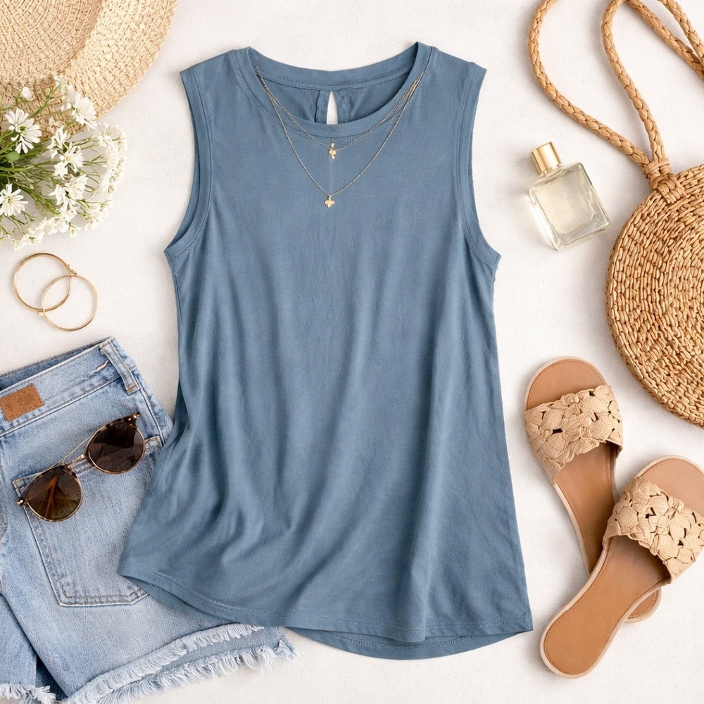 HALOGEN | Blue Sleeveless Tank Top | Soft Stretch Knit | Keyhole Back | Medium
